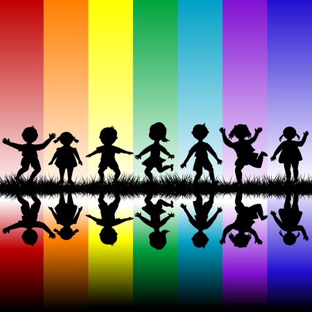 Kids playing over a rainbow backgroundのイラスト素材