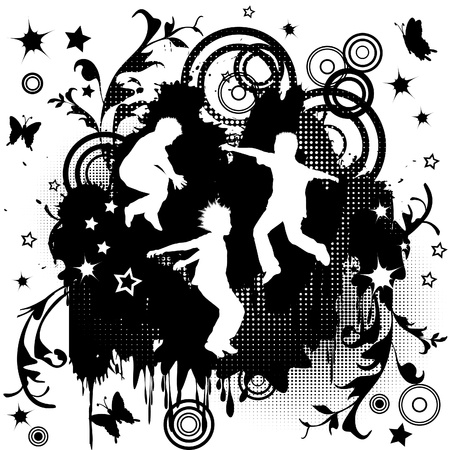 Children jumping over grunge backgroundのイラスト素材
