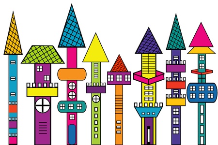 Doodle castle, stylized colored housesのイラスト素材