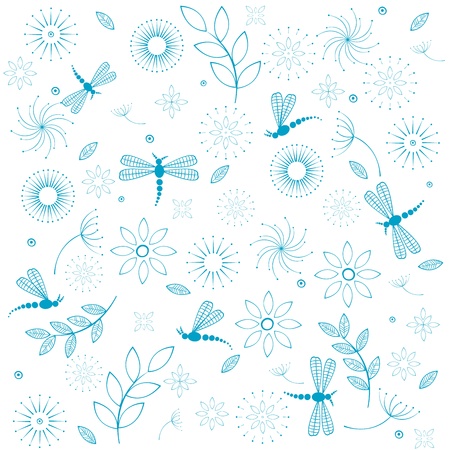 Seamless background with dragonflies and flowersのイラスト素材