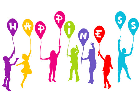 Colored children silhouettes holding balloons with Happinessのイラスト素材