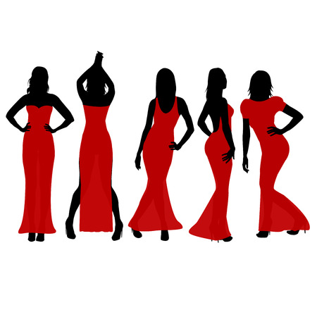 Women silhouettes dancing in red dressesのイラスト素材