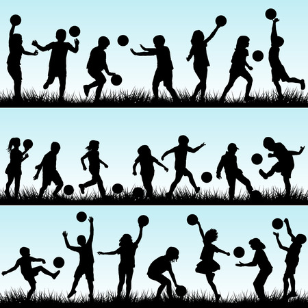 Set of children playing with balls outdoorのイラスト素材
