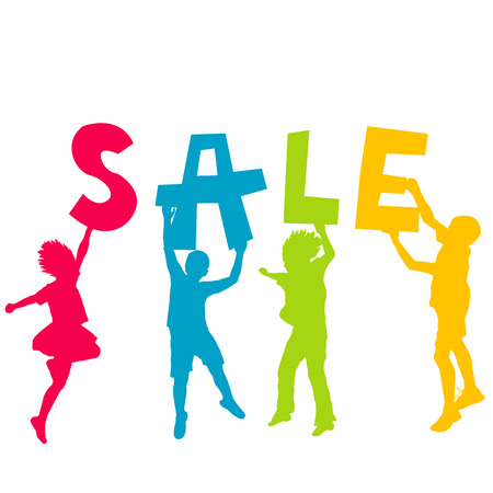 Children silhouettes holding letters with message SALE in the handsのイラスト素材