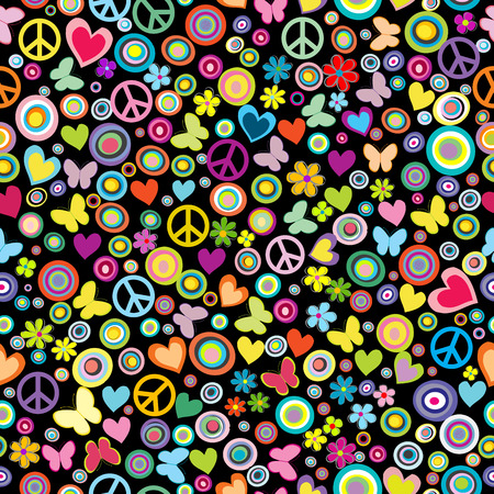 Seamless pattern of flowers, circles, hearts, butterflies and peace signsのイラスト素材