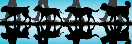 Caucasian Shepherd silhouettes walking by the waterのイラスト素材