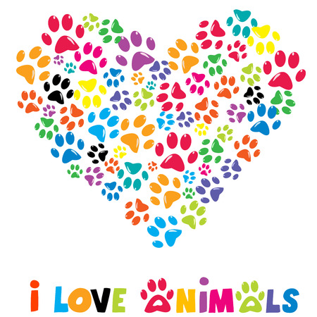 Colorful heart with animals footprints and text I love animalsのイラスト素材