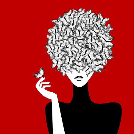 Stylized woman wiith butterflies hairstyle on red backgroundのイラスト素材