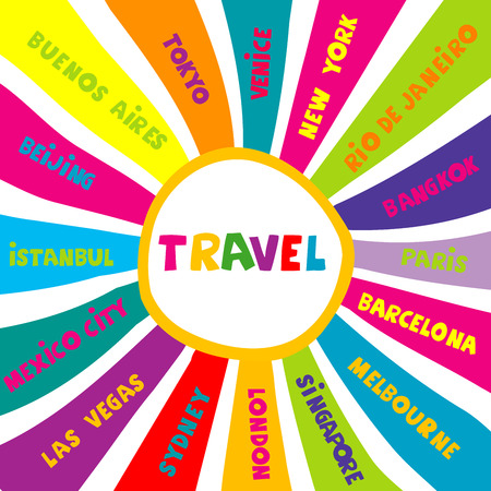 Travel collage with different world city namesのイラスト素材