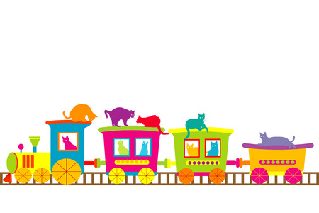 Cartoon train with colored catsのイラスト素材