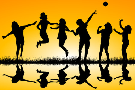 Silhouettes of children playing near a waterのイラスト素材