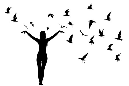 Silhouette of girl and birds; learning to fly abstract conceptのイラスト素材