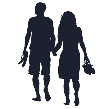 Silhouettes of lovers walking barefoots on white backgroundのイラスト素材