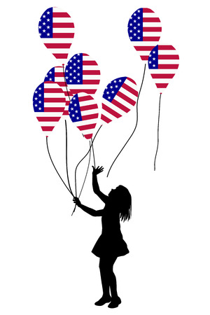Girl silhouette with USA patriotic balloonsのイラスト素材