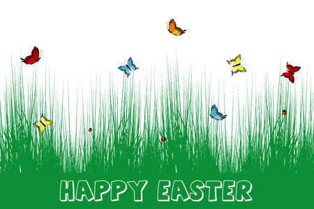 Happy Easter card with grass and butterfliesのイラスト素材