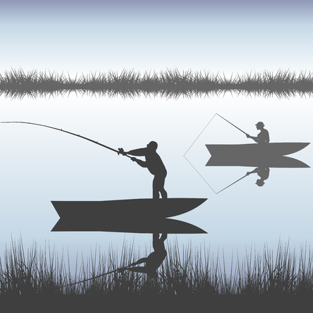 Men silhouettes fishing on lake from boatのイラスト素材