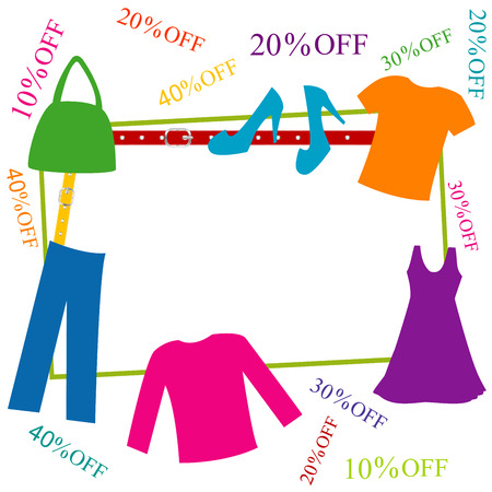 Colorful clothing and accessories frame with discountsのイラスト素材