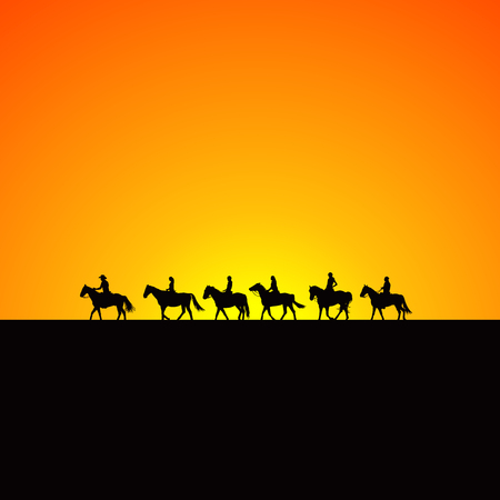 Horse riders silhouettes at sunriseのイラスト素材