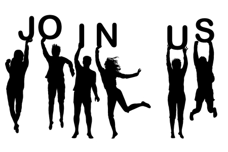 Men and women black silhouettes holding words JOIN US in their handsのイラスト素材