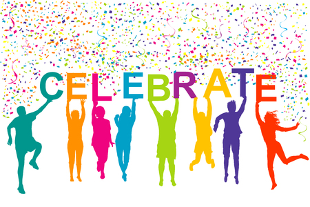 People silhouettes holding letters with word CELEBRATEのイラスト素材