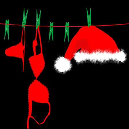 Hanging red underwear and Santa Claus hat on clotheslineのイラスト素材