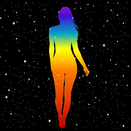 Silhouette of woman in rainbow colors showing position of human chakrasのイラスト素材