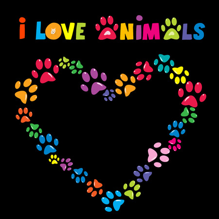 I love animals card with colorful paw prints heart frameのイラスト素材
