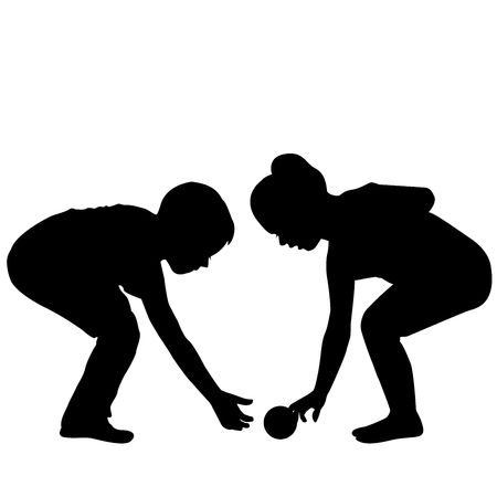Illustration of two children bending to raise a ballのイラスト素材