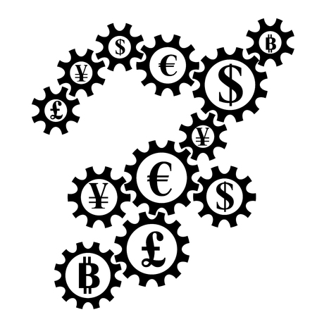 Abstract gearing with currency coins. International financial market interconnection conceptのイラスト素材
