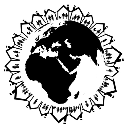 Earth globe with family in house icons, house for everyone conceptのイラスト素材