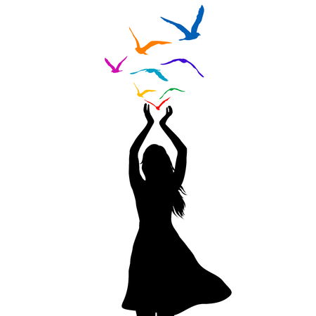 Abstract illustration of a woman silhouette with colored birds flying from her handsのイラスト素材