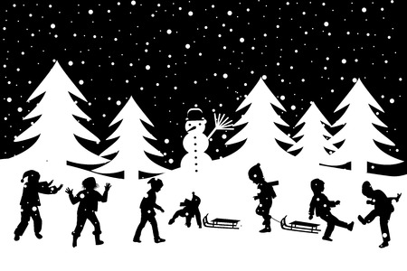 Black and white winter greeting card with kids playing in the snowのイラスト素材