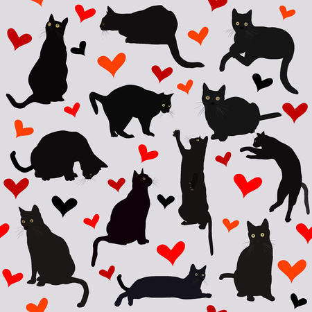 Seamless background with hearts and black cats for Valentine's dayのイラスト素材