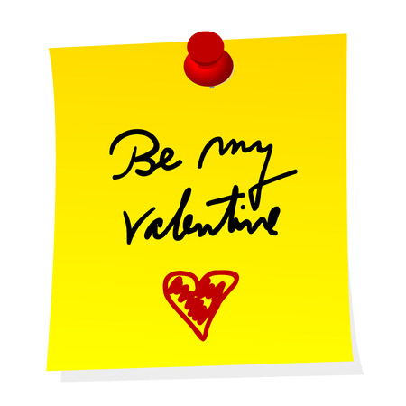 Be my valentine note on yellow paper sticker with push pinのイラスト素材