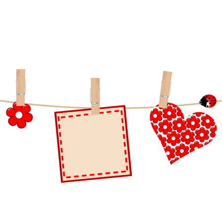 Greeting card with blank note and heart hanging on clothes line holding ropeのイラスト素材