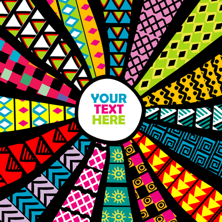 Sunburst made of patchwork fabric with ethnic motifs and round frame for your textのイラスト素材