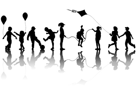 Children silhouettes playing with a kite and balloonsのイラスト素材
