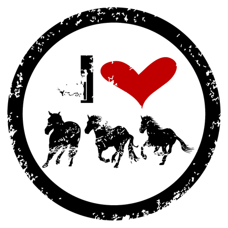 I LOVE HORSES rubber stamp with heart and three horses silhouettesのイラスト素材