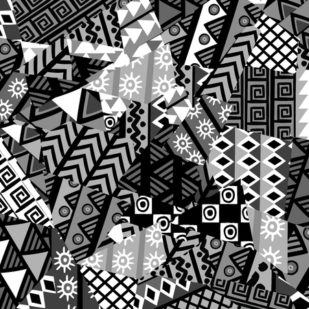 Black and white patchwork background with african motifsのイラスト素材