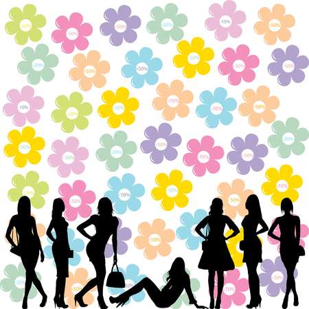 Sale concept with fashion women black silhouettes and flowersのイラスト素材