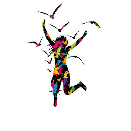 Abstract colorful illustration of a woman jumping and birds flyingのイラスト素材