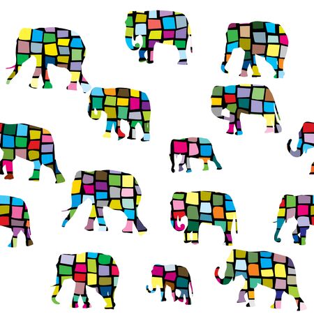 Elephants seamless in colorful geometrical patternのイラスト素材