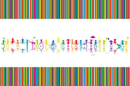 Cartoon colored children silhouettes on striped backgroundの写真素材