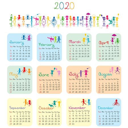 2020 calendar with doodle kidsのイラスト素材