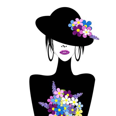 Stylized woman with hat and flowersのイラスト素材