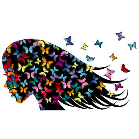 Profile of a girl with colored butterfliesのイラスト素材
