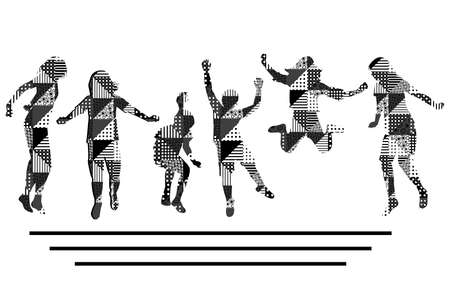 Children silhouettes in black and white geometrical pattern