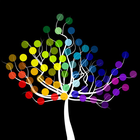 Abstract tree with rainbow colorful round fruitsの写真素材