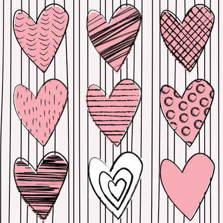 Set of doodle hearts on striped backgroundのイラスト素材