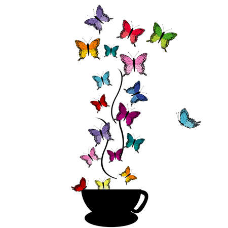 Abstract illustration wof a cup with colored butterfliesのイラスト素材